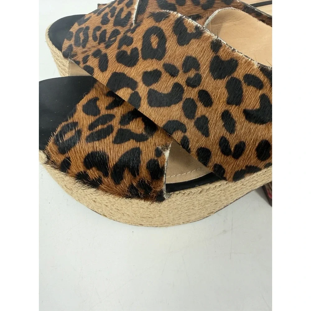 Schutz Lora Leopard Calf Hair Platform Espadrille Mule Heels Womens 7 Chunky